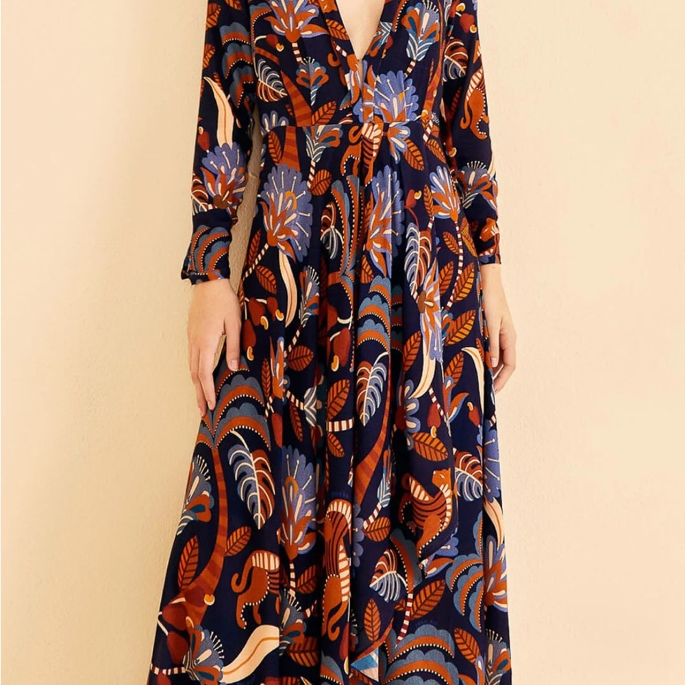 FARM Rio Navy Blue Floral Wrap Maxi Dress with Rust and Cream Accents - Picture 5 of 12